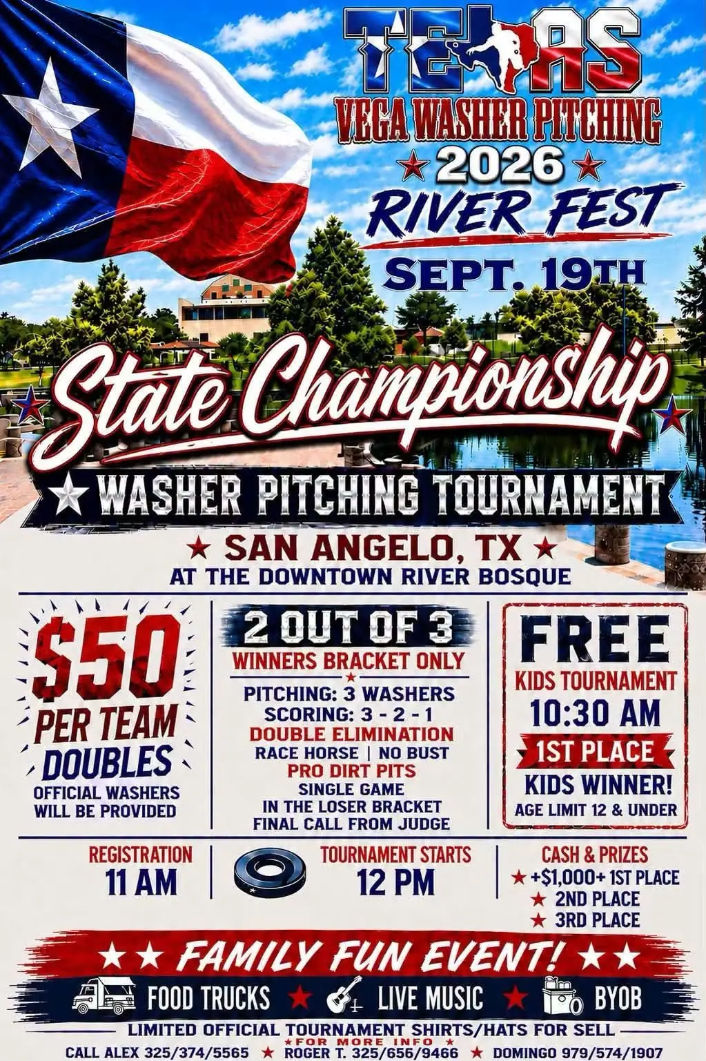 Official 2026 Texas Vega River Fest State Championship washer pitching tournament poster